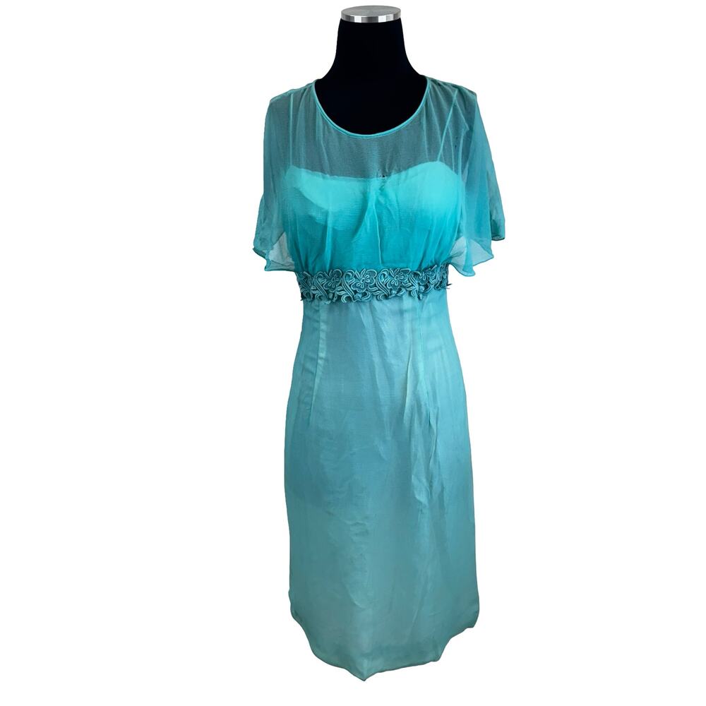 Vintage 1960s Turquoise Aqua Formal Dress Flutter Sleeves Embroidered XS AS IS